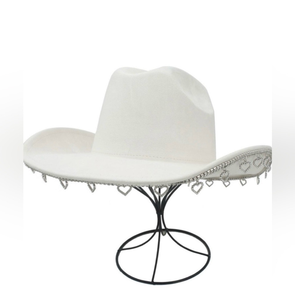 White Cowboy Hat with Bling Heart Accents